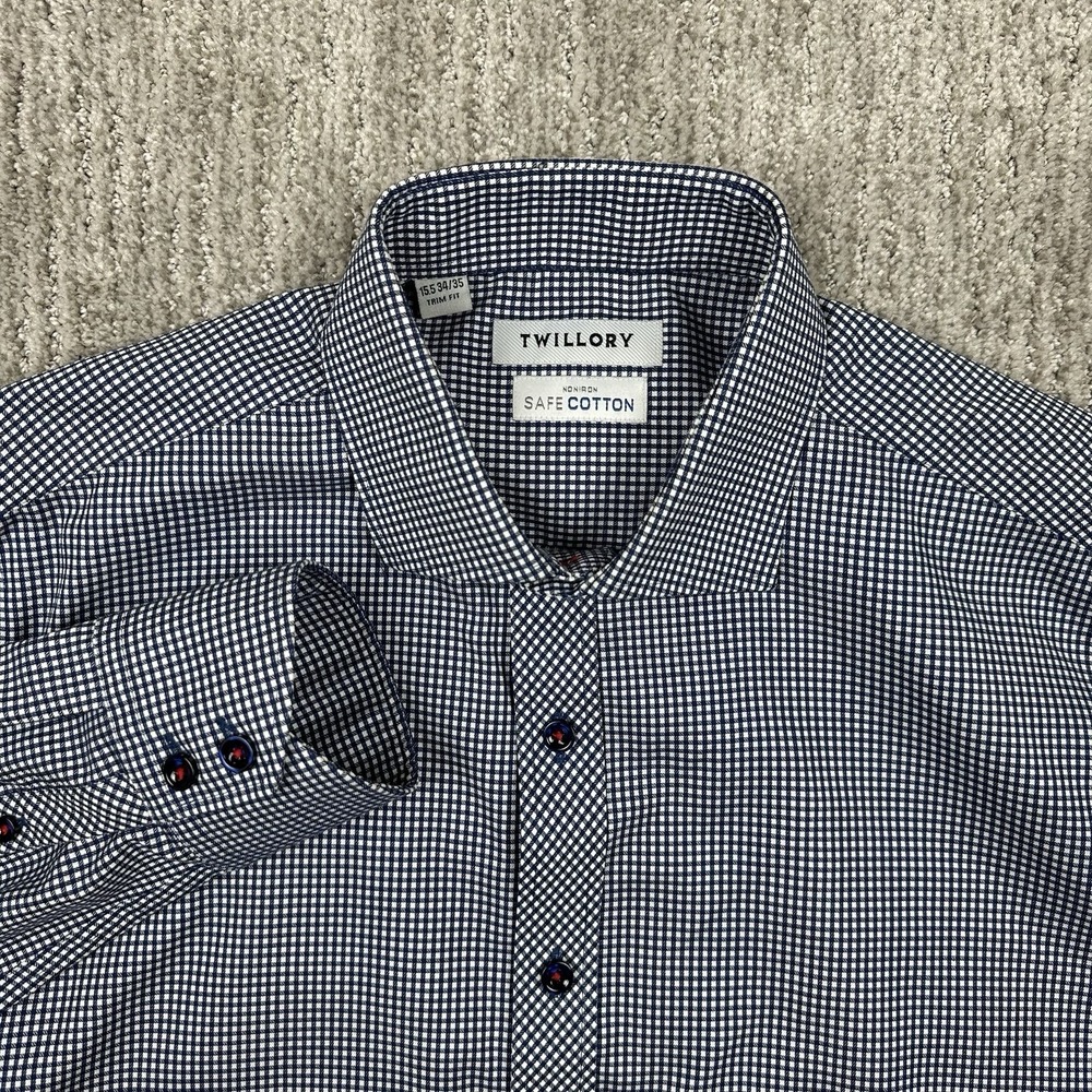 Twillory Shirt Mens Med 15.5 34/35 Blue Grid Check Safe Cotton Dress Button Up